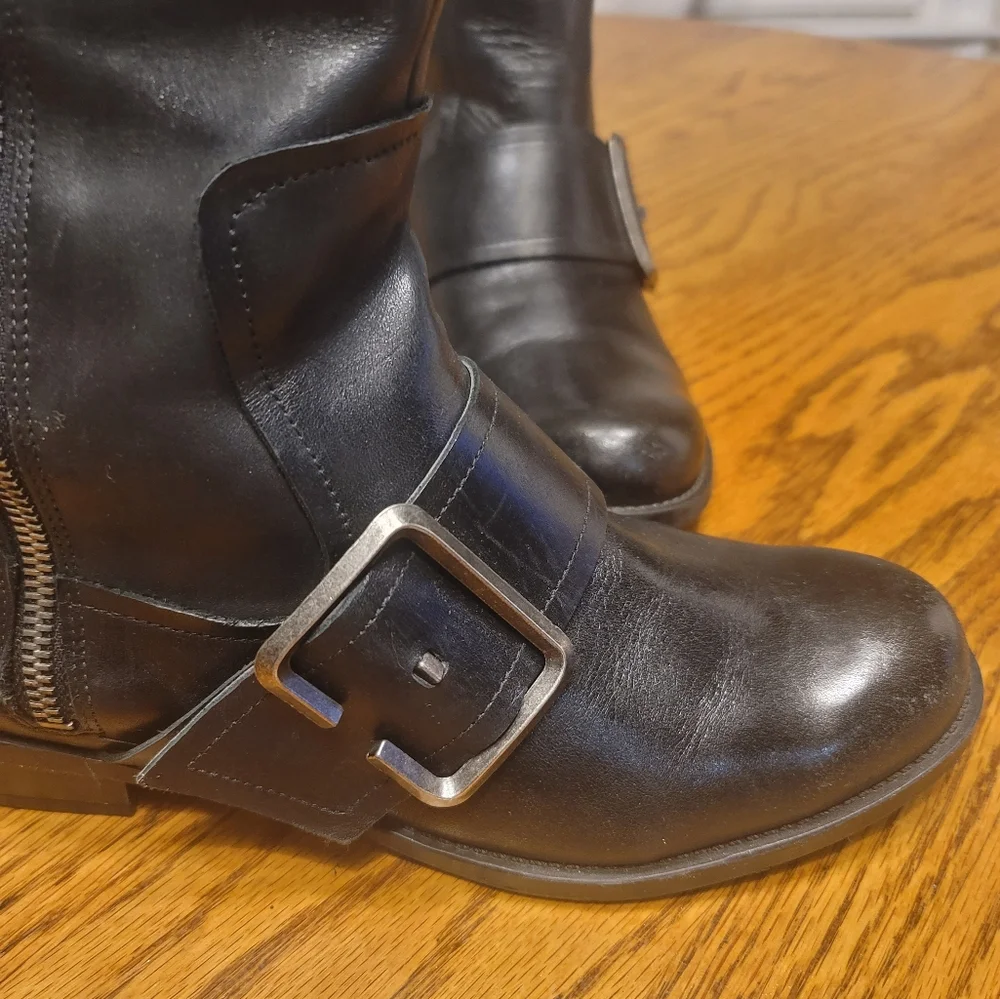 Nine West Black Genuine Leather Buckle Moto Tall Zip Riding Boots